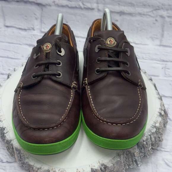 MONCLER Guadeloupe Leather Boat Shoes Green Soles Size EU 41 US 8 Made in Italy - Picture 2 of 14